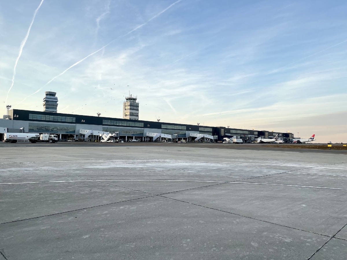 The terminal and control towers at Belgrade Nikola Tesla Airport