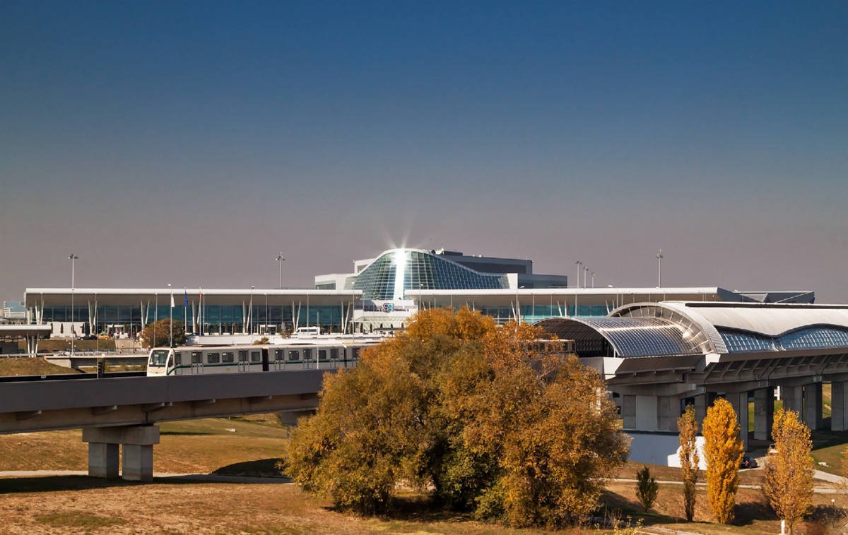 Terminal 2 at Sofia Airport with the metro line running past it